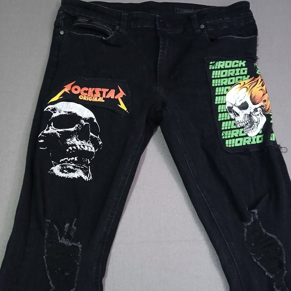 Rockstar Original Graphic Skater Skull Jeans Black Distressed Denim Mens 36x32